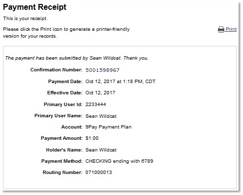 Payment Receipt for Tuition and Fees Invoice